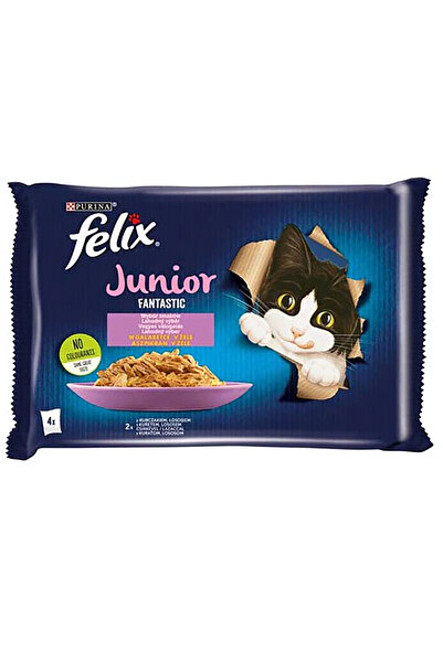 FELIX Hrană umedă pentru pisici Fantastic Junior cu pui și somon în Aspic, 4x85g