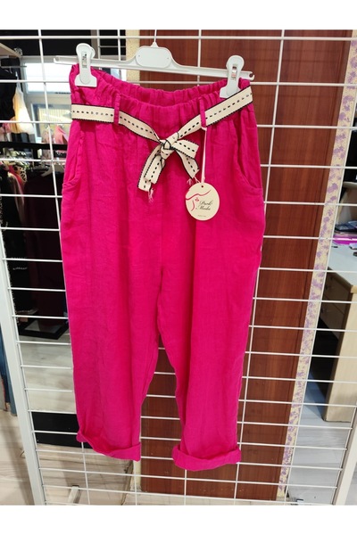 madameboutique İTALYAN HAM KETEN KEMERLİ CEPLİ PANTOLON