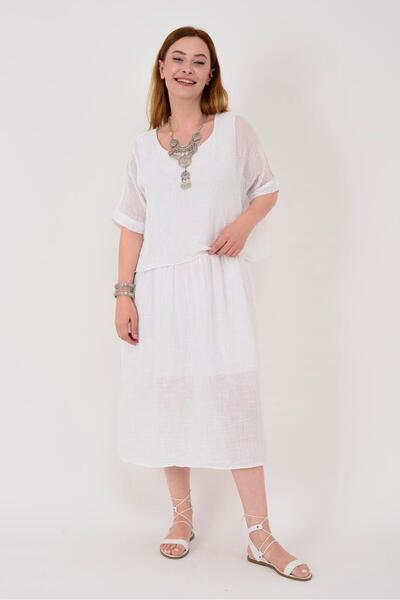 EREN STYLE Italian Muslin Linen Top Mesh Blouse Lined One-Piece Dress