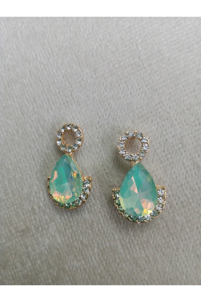 Pervin Ablacım Gold Hanging Earrings with Steel Turquoise Colored Drop Stones