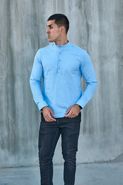 jack carisma Cămașă pentru bărbați, albastru, cu guler judecător, cu jumătate de pată, din lycra, textura de in, bumbac, slim fit