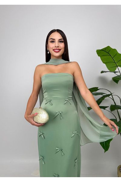mafdress Women's Khaki Scarf Satin Strapless and Slit Detail Evening Dress