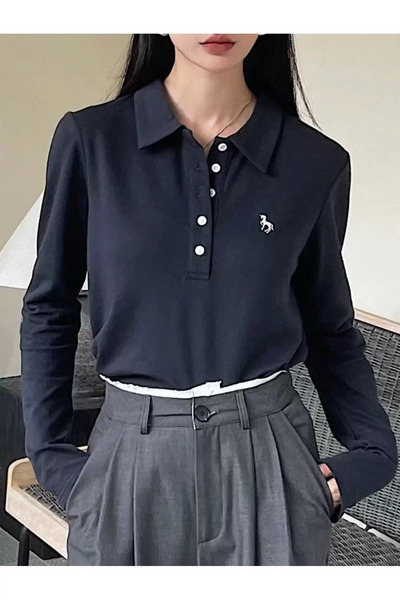 1blood Navy Blue Embroidered Polo Neck Long Sleeve T-Shirt