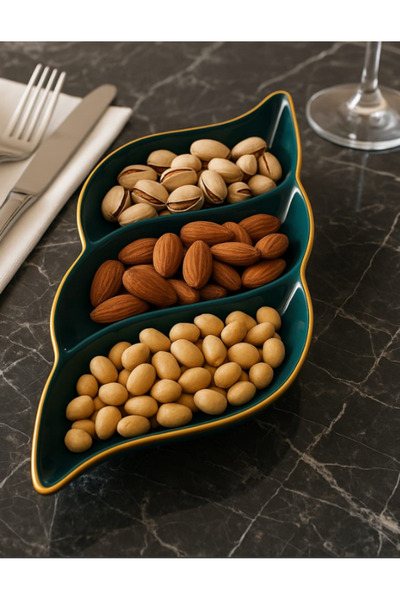 Hilamingo Home Gold Yaldızlı 3 Bölmeli Seramik Çerezlik, Sunumluk