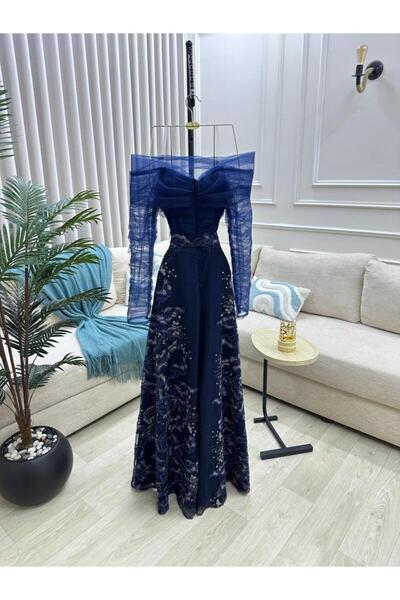 Generic Navy Embroidered Evening Dress with Tulle Sleeves