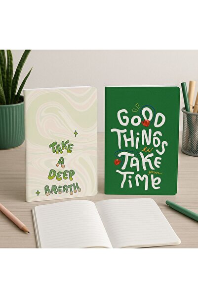 YLDZ A6 Notebook Good Things Take Time Baskılı Tel Dikiş Çizgili & Kareli 48 sayfa 2 Defter 1 Arada