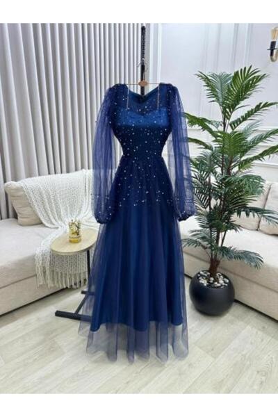 Generic Navy Evening Dress Made of Tulle Decorated with Glittering Rhinestones