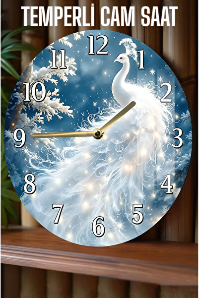 kutuTR Beyaz Tavus Kuşu Desenli 3D Görünümlü Temperli Cam Saat – 33 cm CSDW371
