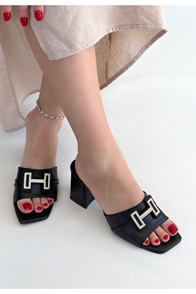 BESKAR Papuci cu toc din piele neagră Erew