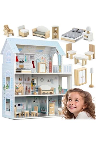Ricokids Casuta din lemn pentru papusi, Ricokids, cu 3 etaje, 11 piese