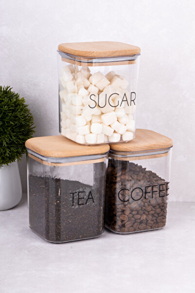 DNS HOME 3Pcs 900ml Storage Container Wooden Vacuum Lid with Label Gift Tea Sugar Coffee Jar Mica