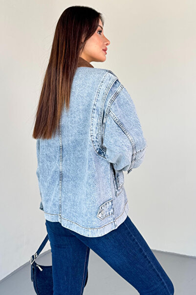 Cappmoda Ckt-2826 Light Blue Stonewashed Denim Velvet Collar Oversize Jacket