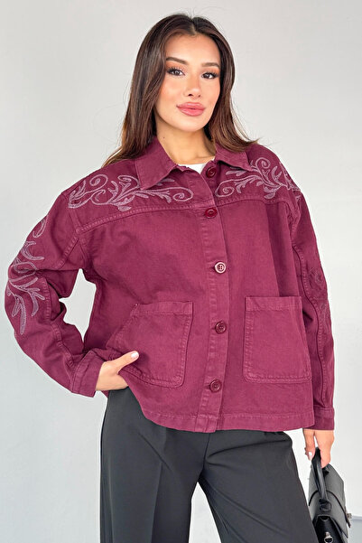 Cappmoda Ckt-2749 Burgundy Embroidery Detailed Pocketed Gabardine Jacket