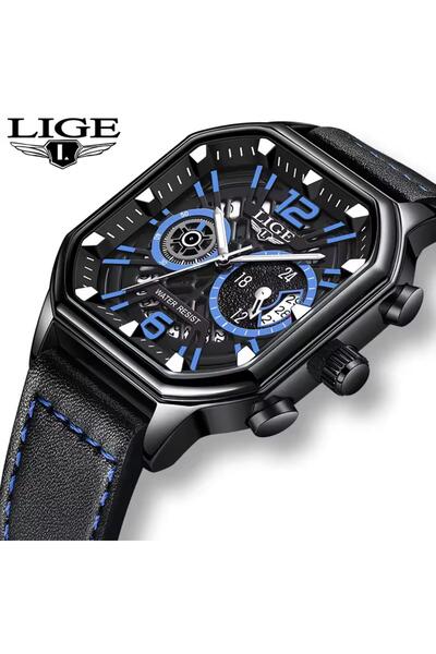 Lige Luxury Leather Cord Square Design 3 Atm Waterproof Multifunctional Men Wristwatch