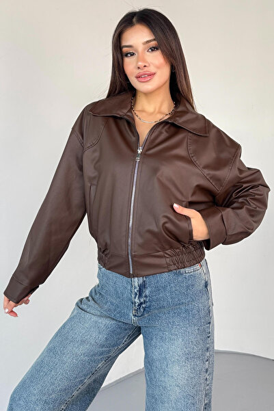 Cappmoda Ckt-2016 Brown Faux Leather Zippered Waist Elastic Cropped Model Jacket