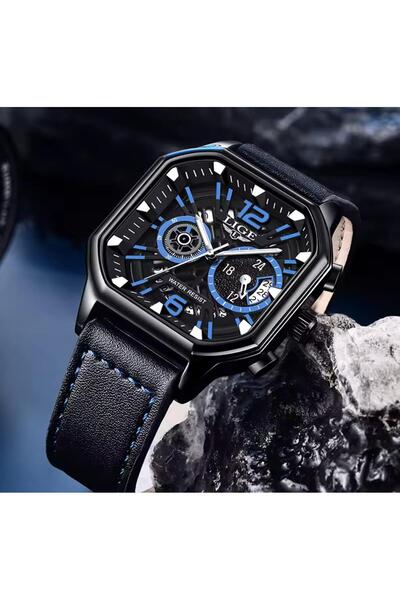 Lige Luxury Leather Cord Square Design 3 Atm Waterproof Multifunctional Men Wristwatch