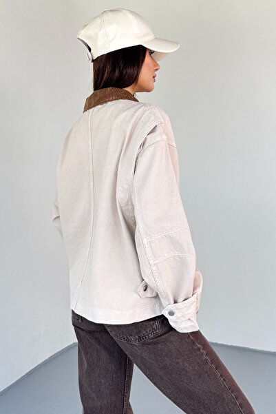 Cappmoda Ckt-2826 Stone Color Denim Velvet Collar Oversize Jacket