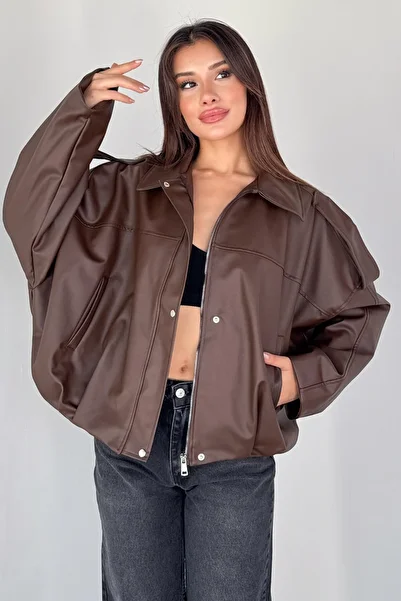 Cappmoda Ckt-2020 Brown Faux Leather Lined Oversized Jacket with Zipper and Buttons