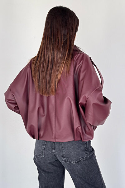 Cappmoda Ckt-2020 Burgundy Faux Leather Lined Oversized Jacket with Zipper and Buttons