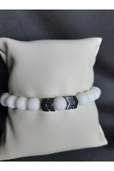 MRYart White Glass Beads and Onyx Stone Bracelet Unisex