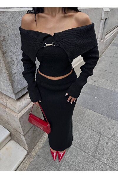 LB Laluna Butik Women's Madonna Collar Blouse and Skirt Knitwear Set