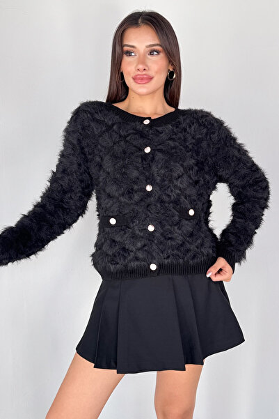 Cappmoda Trk-1905 Black Soft Touch Buttoned Knitwear Cardigan