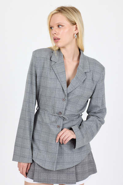 Eco Sense Stylish Lace-Up Belt Detail Checkered Women's Jacket – Classic Collar, Elegant and Timeless, Gray