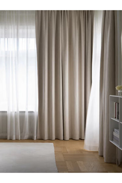 Ran Perde Hasır Keten Fon Perde- Koyu Krem - Pilesiz Düz Dikim