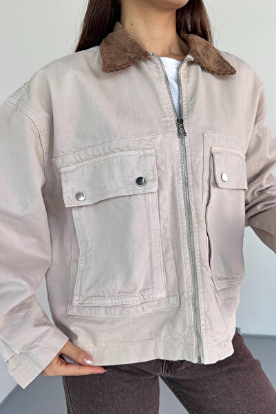 Cappmoda Ckt-2826 Stone Color Denim Velvet Collar Oversize Jacket