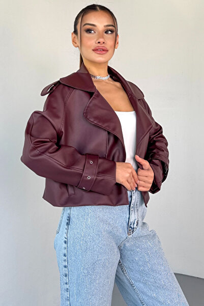 Cappmoda Ckt-1004 Burgundy Faux Leather Double Breasted Collar Buckle Sleeve Detailed Cropped Jacket