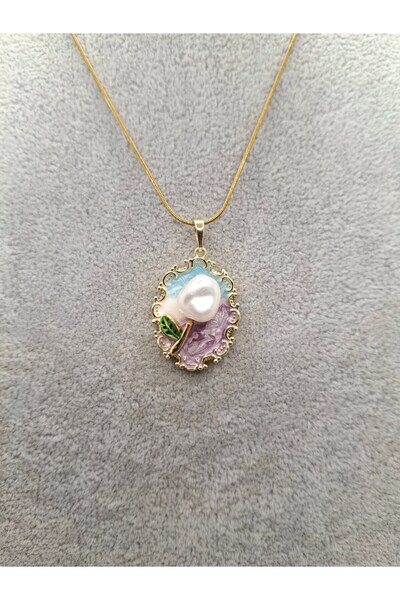 Han Ticarethane Gold Color Special Embossed Enamel Tulip Model Steel Necklace
