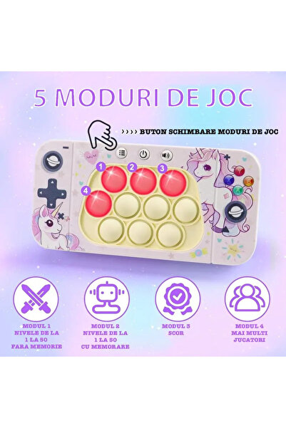 miraza Jucarie Pop It Tip Consola, Model Unicorn, Butoane Iluminate, Joc Educativ, Antistres, Roz