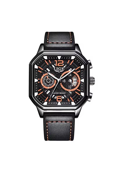 Lige Luxury Leather Cord Square Design 3 Atm Waterproof Multifunctional Men Wristwatch