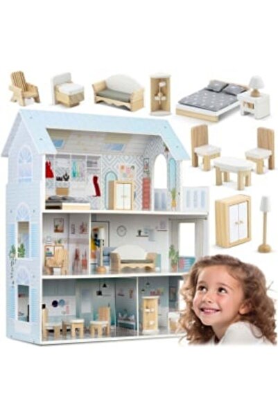 Ricokids Casuta din lemn pentru papusi, Ricokids, cu 3 etaje, 11 piese