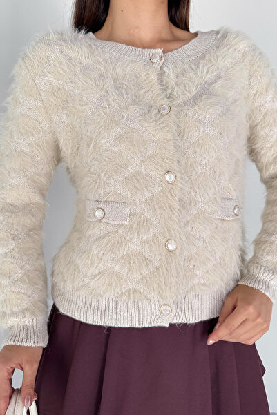 Cappmoda Trk-1905 Cream Soft Touch Buttoned Knitwear Cardigan