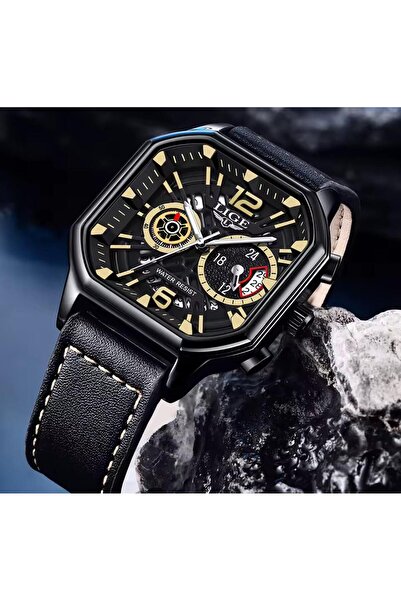 Lige Luxury Leather Cord Square Design 3 Atm Waterproof Multifunctional Men Wristwatch