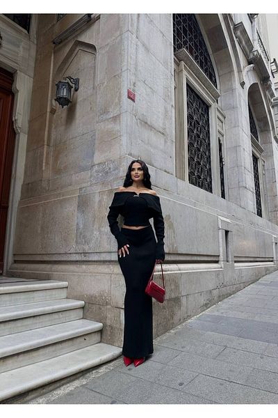 LB Laluna Butik Women's Madonna Collar Blouse and Skirt Knitwear Set