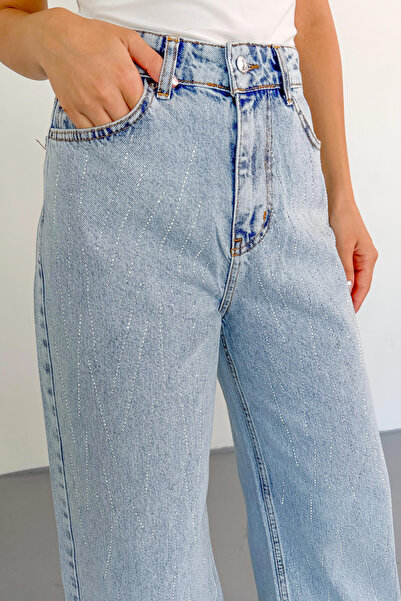 Cappmoda Jean-1071 Light Blue Stone Detailed Line Patterned Mom Jean