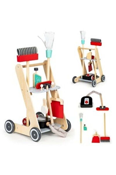 Ecotoys Cleaning Set, Wooden, For Children, Broom, Mop, Vacuum Cleaner,