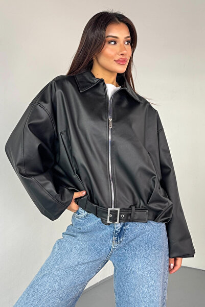 Cappmoda Ckt-2017 Black Faux Leather Belted Lined Oversize Jacket