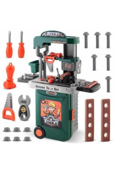 Ricokids Atelier de lucru din plastic pentru copii, tip valiza, cu 19 accesorii, Ricokids, 3 in 1, Verde