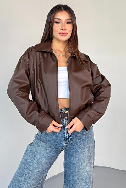 Cappmoda Ckt-2016 Brown Faux Leather Zippered Waist Elastic Cropped Model Jacket