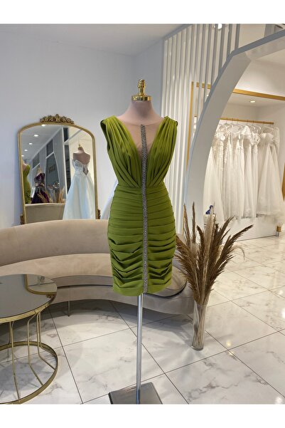 Mergen HAKİ KATLI KISA ABİYE ELBİSE