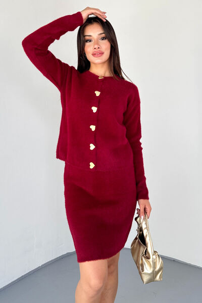 Cappmoda Tkm-2028 Burgundy Heart Buttoned Plush Skirt Suit
