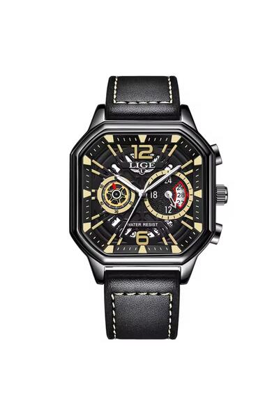 Lige Luxury Leather Cord Square Design 3 Atm Waterproof Multifunctional Men Wristwatch