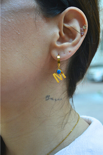 Brextco Store Altın Renkli "M" Harfli Nazar Boncuklu Küpe