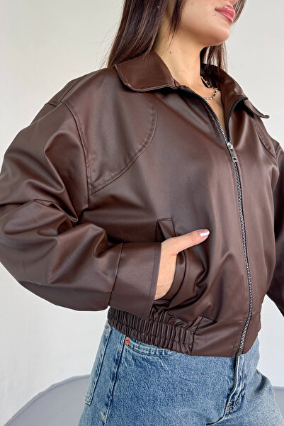 Cappmoda Ckt-2016 Brown Faux Leather Zippered Waist Elastic Cropped Model Jacket