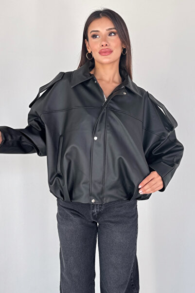 Cappmoda Ckt-2020 Black Faux Leather Lined Oversized Jacket with Zipper and Buttons