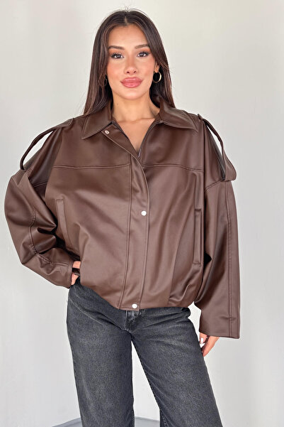 Cappmoda Ckt-2020 Brown Faux Leather Lined Oversized Jacket with Zipper and Buttons