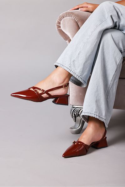 Elvuq Women's Burgundy Patent Leather Mary Jane Cross Strap Open Back Short Heeled Shoes